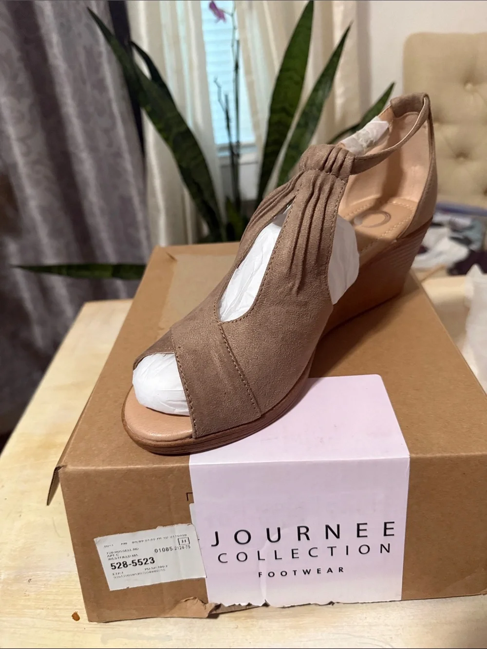 Journee Collection Taupe Suede-Look Peep Toe Wedge Sandals 10